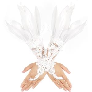 Yolev Guanti Senza Dita in Pizzo Guanti da Festa con Palline di Piume da Donna Bianchi Lunghi Guanti di Carnevale con Piume da Strega Costume da Cigno Femminile Matrimonio Festa di Halloween