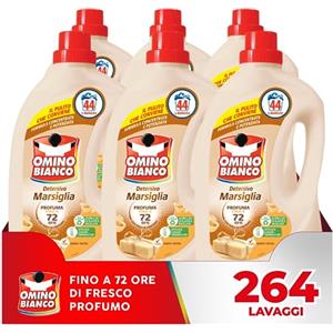 Omino Bianco - Detersivo Lavatrice Liquido, 264 Lavaggi, Rispetta Colori e Tessuti, Fresco Profumo con Essenza Cuore di Marsiglia, 1760 ml x 6 Confezioni