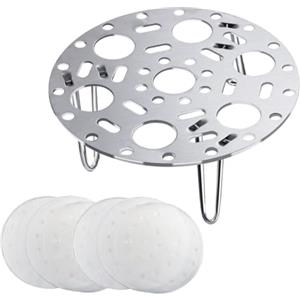 Qaixwuyi Griglia per cottura a vapore in acciaio inox con 50 piroscafo di carta, rotonda, con foro per uova, per pentole e verdure, frutta, gnocchi, pane, 17,5 x 5 cm