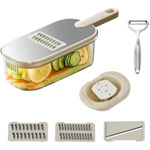 Kaslaider Mandolina per Verdure per Cucina, 3 in 1 Taglia Verdure Manuale con Contenitore e Pelapatate, Affetta Verdure Mandolina in Acciaio Inox per Patate Zucchine Carote Cipolle