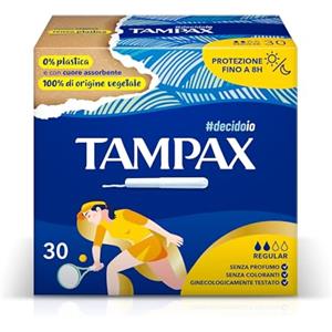 Tampax Regular, 30 assorbenti interni con applicatore in cartone. L'unico Tampax senza plastica e con cuore assorbente 100% di origine vegetale. Ideale per flussi da leggeri a medi.