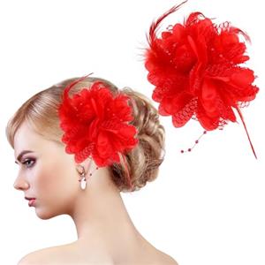MWOOT 2 Pezzi Fermaglio Piume e Fiore, Mollette Rosso Fascinator Copricapo, Accessori Retro per Cocktail Nozze Festa del Tè