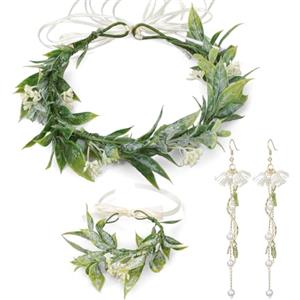 MWOOT Corona di Fiori Fiore da Polso Orecchini Set, Coroncina di Fiori Fascia Capelli Sposa e Bracciale con Nastro Regolabile, Orecchini Pendenti Lunghi con Nappe e Mughetto per Festa di Matrimoni