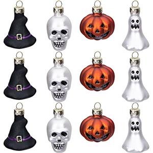 Watayo 12 ornamenti in vetro per Halloween, decorazioni di Halloween, decorazioni in vetro soffiato con zucca, fantasma, teschio, cappello da strega, per feste di Halloween, albero di Natale,