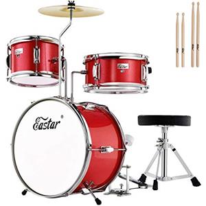 Eastar Batteria per Bambini per età 3-10 Anni, Junior Drum Set con Rullante, Tom, Grancassa, Pedale Grancassa, Sedile e Bacchette (Rosso)