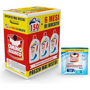 Omino Bianco - Detersivo Lavatrice Igienizzante Liquido, 150 Lavaggi, Rispetta Colori e Tessuti, Igienizza e Rimuove Germi e Batteri, 2000 ml x 3 + Campione di Additivo Lavatrice Igienizzante Idrocaps