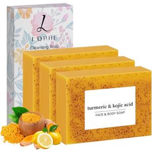 LOPHE Sapone Alla Curcuma, 3 Pezzi Soap con Acido, Soap con Acido Cogico, Saponetta Detergente Solida Scrub Donna e Uomo, per Peeling Naturale e Tono Pelle Uniforme, 100g