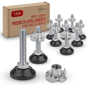 LouMaxx Piedini di Regolazione M10 x 40 mm Con Dado di Impatto, Set da 10 Pezzi, Vite di Regolazione, Piedini Regolabili in Altezza M10 x 40 mm