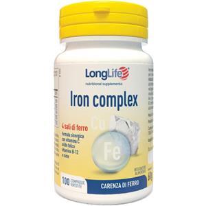 LongLife Iron Complex - Integratore di Ferro con Vitamina C, B12, Acido Folico e Rame - 100 Compresse