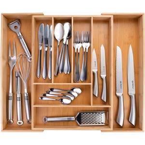 alpina Portaposate da Cassetto - Organizer Casetti Cucina Estensibile 46 x 34-56,5 x 6 cm - Organizzatore Cassetti con 6 a 8 Scomparti - Per Utensili da Cucina, Occhiali da Sole e Altro - Bambù