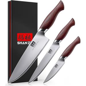 SHAN ZU Set di 3 Coltelli da Cucina Giapponese - Professionale con Lama in Acciaio Inox 10Cr15MoV (62 HRC), Affilatissimo, Manico in Legno - Coltello Chef, Coltello Universale, Coltello da Sbucciatura