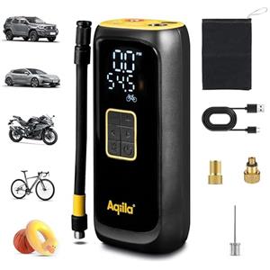 Aqiila Compressore Portatile per Auto, Bici e Palloni - Aqiila C4 Pompa d'Aria con Batteria Integrata, 150 PSI, Spegnimento Automatico, Torcia LED, USB-C e Adattatori per Pneumatici