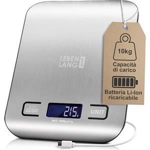 LEBENLANG Bilancia cucina digitale ricaricabile USB - Fino a 10 kg & Incl cavo di ricarica I Bilancia da cucina dietetica conta calorie Pesa precisione Kitchen scale alimenti contacalorie elettronica
