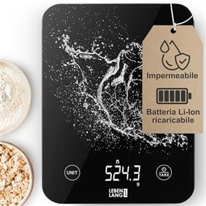 LEBENLANG Bilancia cucina digitale impermeabile - Ricaricabile tramite USB & Incl. Cavo di ricarica I Fino a 10 kg I Bilancia cibo Pesa da cucina & alimenti professionale Kitchen scale Bilance pasta