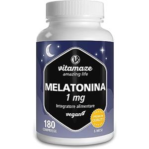 Vitamaze - amazing life Melatonina Pura 1 MG, 180 compresse per 6 Mesi Alto Dosaggio e Vegana 1 compresse al giorno di Melatonina per dormire, Integratore per dormire senza additivi indesiderati, Qualitá Tedesca. Vitamaze®