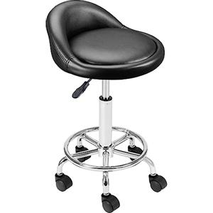 BAKAJI Sgabello con ruote, Seduta imbottita e Schienale Basso in Ecopelle, Base con Poggiapiedi in Acciaio Girevole a 360°, Altezza regolabile, ideale per estetista, Bar, Cucina, Ristoranti, (Nero)