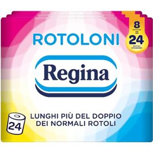 Regina Rotoloni Regina - 24 Maxi Rotoli di Carta Igienica, 500 Fogli a 2 Veli, Lunghi Più del Doppio dei Normali Rotoli, Confezione 50% in Plastica Riciclata, Carta 100% Certificata FSC