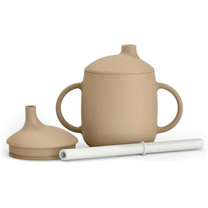 Suavinex, Tazza didattica per bambini 3 in 1: tazza con beccuccio + tazza con cannuccia + tazza, in silicone antigoccia, con manici, lavabile in lavastoviglie e adatta al microonde, +6 mesi, Beige