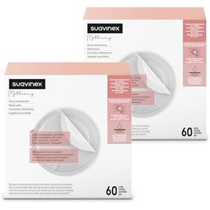 Suavinex 307301 confezione coppette assorbilatte, dischetti assorbenti usa e getta, traspiranti, impercettibili sotto gli indumenti, 2x60 pezzi, 120 dischetti, bianco