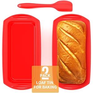 Ankway Set di 2 stampi rettangolari in silicone con raschietto per pasta, in silicone, per torte e pane, 28 x 14,3 x 6,3 cm, rosso