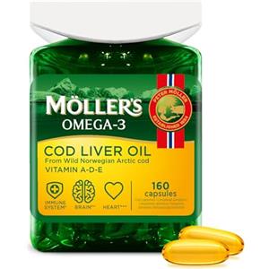 MÖLLER'S Möller's ® | Capsule di olio di fegato di merluzzo | Acidi grassi Omega 3 DHA & EPA, vitamine A, D &E, supporta la funzione cardiaca, la funzione cerebrale e la vista | 160 pezzi