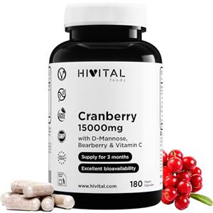 HIVITAL foods Mirtillo Rosso Americano 15000 mg. 180 capsule vegane per 3 mesi di trattamento. Con D-Mannosio, Uva Ursina e Vitamina C. 100% Cranberry Naturale. Prodotto in Europa da HIVITAL