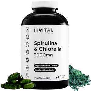 HIVITAL foods Spirulina e Clorella 3000 mg. 240 compresse vegane per quasi 3 mesi di trattamento. Proteine Naturali delle alghe Spirulina e Clorella. Prodotto in Europa da HIVITAL