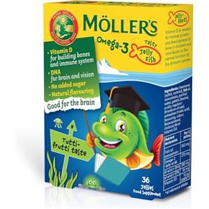 MÖLLER'S Moller's ® | Omega 3 Per Bambini | Olio di pesce omega-3 naturale | Con DHA ed EPA, Senza glutine, lattosio o zuccheri aggiunti | Facili da masticare | Gusto Tutti Frutti | 36 pezzi