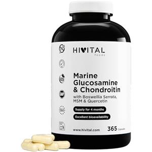 HIVITAL foods Glucosamina con Condroitina. 365 capsule per 4 mesi di trattamento. Con 1500 mg di Glucosamina Marina 2KCL, Condroitina Marina, MSM, Boswellia Serrata e Quercetina. Prodotto in Europa da HIVITAL