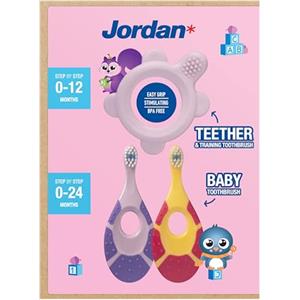 Jordan* Step 0 - Spazzolino da dentizione e da allenamento, senza BPA, igienico, 2 in 1, soluzione per dentizione e spazzolatura precoce per bambini, rosa, 1 massaggiagengive + 2 spazzolini da denti