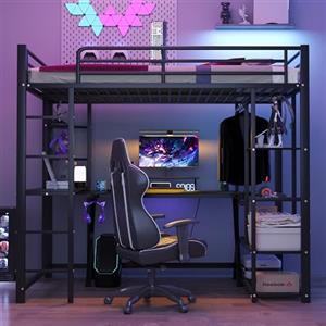 Merax Lettino a soppalco in metallo, 90 x 200 cm, con scrivania, più ripiani, design semplice armadio, scala, stabile struttura in metallo, per bambini e ragazzi, senza materasso, nero