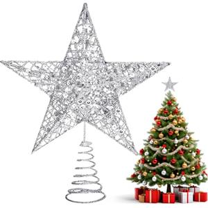 NOCHME Puntale per albero di Natale a forma di stella, 15 cm di larghezza, 4 cm di profondità, extra pieno, 3D, scintillante, argento
