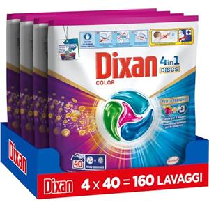 Dixan DISCS 4in1 Color Detersivo Lavatrice, 4 confezioni da 40 lavaggi, Capsule lavatrice per colori vivaci, pulizia profonda del bucato e freschezza igienica per lavatrice, Rimuove le macchie da 20°C