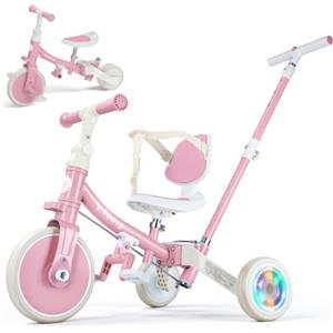 VITONIS Triciclo 5 in 1 per bambini dai 18 mesi ai 3 anni, con ruote lampeggianti, maniglione di spinta, schienale e cintura di sicurezza, regalo per bambini e bambine, bicicletta senza pedali, rosa