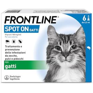 FRONTLINE Spot On, 6 Pipette, Gatto, Antiparassitario per Gatti e Gattini di Lunga Durata, Protegge da Zecche, Pulci e Pidocchi, Antipulci in Confezione da 6 Pipette da 0.5 ml
