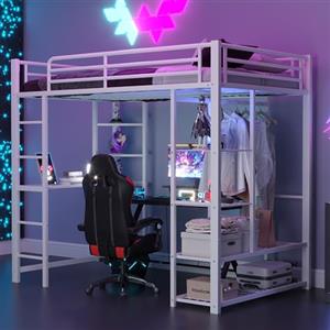 Merax Lettino a soppalco in metallo, 90 x 200 cm, con scrivania, più ripiani, design semplice armadio, scala, stabile struttura in metallo, per bambini e ragazzi, senza materasso, bianco