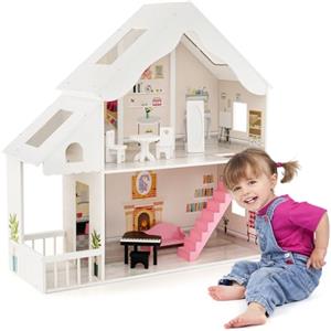 HOMASIS Casa delle Bambole a 2 Ripiani, Villa da Sogno in Legno con Accessori per Mobili, Giocattolo Educativo per Bambini da 3+ Anni, 81 x 30 x 86 cm