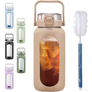 BLUEGO 2000ml Bottiglie d'acqua in vetro con cannuccia e indicatore del tempo Bottiglia d'acqua sportiva grande con custodia in silicone 2 litri Brocca d'acqua in vetro per palestra, Ambra