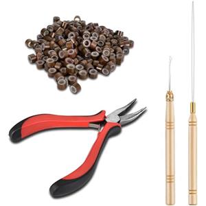 Colexy 200 Pezzi Marrone Micro Anelli per Extension e 1 Pezzi Pinza 2 Pezzi Ganci, Set di Strumenti di Estensione dei Capelli, Kit di Connettori per Parrucca Accessori (Marrone chiaro)