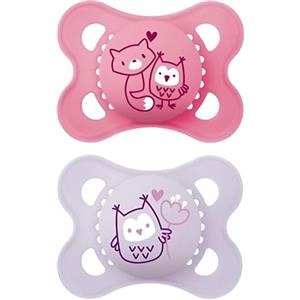 MAM Original Succhietto 2-6 Mesi (Set da 2), Ciuccio MAM 2-6 mesi con tettarella ortodontica in silicone, Kit da 2 accessori neonato con pratico porta ciuccio sterilizzatore, Rosa/Lilla