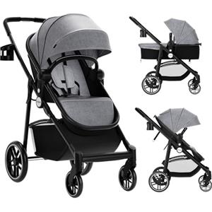 COSTWAY 2 in 1 Passeggino per Bambini, Passeggino Pieghevole con Sedile Reversibile, Schienale Regolabile, Passeggino Leggero con Cintura di Sicurezza, Copertura, per Bambini 0-3 Anni (Grigio)