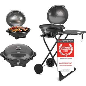 TZS First Austria - Barbecue elettrico 2 in 1 da tavolo & terra 2400W - BBQ pieghevole per balcone e terrazza con coperchio e carrello - Grill a sfera con termometro e vassoio raccogligrasso