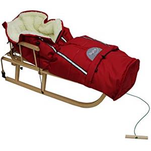 Skyline Slittino in legno per bambini, con schienale, slittino Davoser, in legno, con cintura di sicurezza, schienale e sacco a pelo invernale (Natur/Rosso)