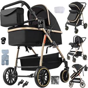 Magic ZC Passeggino Trio, Passeggino 3 in 1 con Spinta Reversibile a Due Vie, Trio Neonati con Accessori, Carrozzina per Neonati Design Portatile Pieghevole Un Clic (V8 Black Gold)