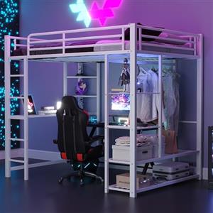 Merax Lettino a soppalco in metallo, 140 x 200 cm, con scrivania, più ripiani, design semplice armadio, scala, stabile struttura in metallo, per bambini e ragazzi, senza materasso, bianco