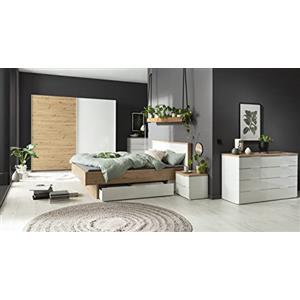 Composad | Camera da Letto Completa della Linea MUNDI, Set di 6 Mobili, Letto Matrimoniale, Armadio, Comodini, Cassettiera, Comò, Colore Rovere Mielato e Bianco Laccato, Made in Italy
