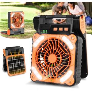 AKOFIC Ventilatore con Pannello Solare, 10400mAh Ventilatore da Campeggio Ricaricabile, Ventilatore da Esterno a Batteria Portatile con Luci LED, 4 Velocità ventilatore Tavolo Silenzioso per Viaggio