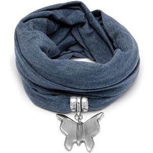 VLNET Vestopazzo sciarpa gioiello con ciondolo cuore, elefante, cerchio e farfalla in alluminio 100% riciclato. Tessuto cotone jersey blu, kaki e nero. (blu farfalla)