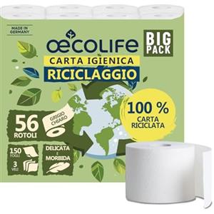 œcolife oecolife - Carta igienica RECYCLING, 3 strati, 56 x 150 fogli per rotolo, super morbida, sostenibile, riutilizzabile, confezione 60% PCR (56 rotoli)