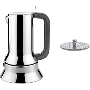 Alessi 9090/3 Caffettiera con Fondo a Induzione di Design in Acciaio Inox, 3 Tazze, 15 centilitri & Riduttore per caffettiera, Grigio